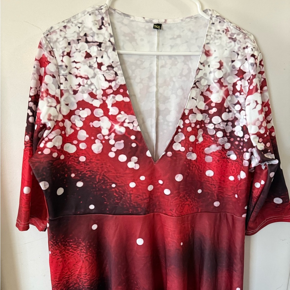 Woman’s Plus Size Red & White Floral Print Polka Dot Dress V Neck 3X New